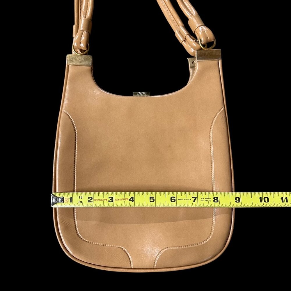 Vintage Purse Vinyl Shoulder Bag Double Strap Beige Tan 1960s Retro Fashion - Picture 10 of 10